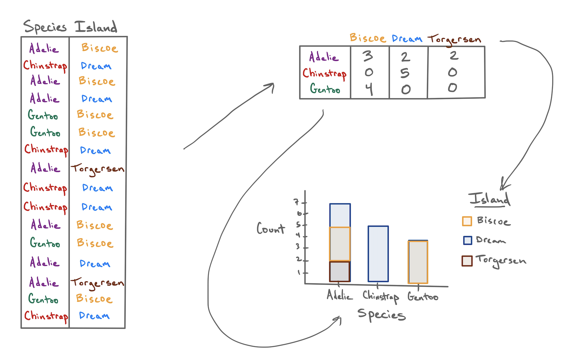 Sketch showing the flow for two variables from raw data to contingency table to barchart.